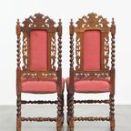 Leuke Antieke Set Van 6 Hollandse Eetkamerstoelen Met Mooi Houtsnijwerk En Rode Stoffen Bekleding thumbnail 4