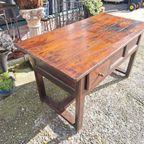 Oude Robuuste Franse Tafel, Sidetable Met 2 Lades Afm. 135X6 thumbnail 5