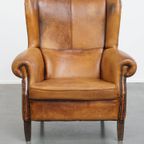 Comfortabele Vintage Oorfauteuil Gemaakt Van Karakteristiek Schapenleer thumbnail 5