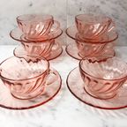 Vintage Rosaline Swirl Arcoroc Luminarc Roze Glas 70S Kop En Schotels thumbnail 2