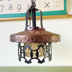 Vintage Brutalist Hanglamp Gehamerd Metaal Amberkleurig Glas Koperen Kap thumbnail 16