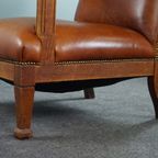 Statige Antieke Hollandse Fauteuil Met Leeuwenkoppen Opnieuw Bekleed Met Cognac Kleurig Rundleer thumbnail 14