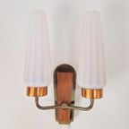 Vintage Wandlamp Deens Teak Hout Messing Melkglas ‘60 thumbnail 9