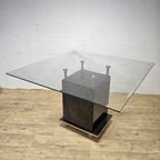 Grote Vintage Vierkante Glazen Tafel Zwart Marmeren Voet / Vintage Square Glass Table Marble Base thumbnail 17
