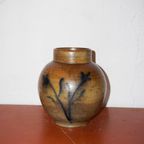 Stoneware Flower Vase * Vintage Brown Pottery Vase With Hand-Painted Blue Floral Design thumbnail 4