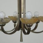 Luxe Antieke Messing Art Deco Kroonluchter Met Albasten Kuipjes Uit Begin 1900 thumbnail 4