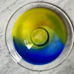 Grote Vintage Glazen Fruit Schaal / Bord Geel / Blauw thumbnail 2