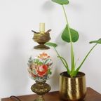 Vintage Porseleinen Lamp Met Bloemen En Messing Voet Rozen thumbnail 3