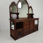 Zeldzaam 19e-eeuws Engels Arts & Crafts Eikenhouten Dressoir Van Pratt & Prince – Inlegwerk Met Zonnebloemmotie thumbnail 7