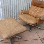 Mid-Century Vintage Cognac Leren Lounge Draai Fauteuil Met Voetenbank, Jaren 70 thumbnail 12