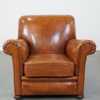 In Goede Staat Verkerende En Comfortabele Mooie Cognac-kleurige Antieke Schapenleren Armchair thumbnail 3