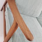 Vintage Teakhouten Bank 3 Zits Licht Blauw Ribstof Teak Hout thumbnail 7