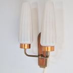 Vintage Wandlamp Deens Teak Hout Messing Melkglas ‘60 thumbnail 6