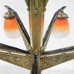 Messing Art Deco Hanglamp Met 5 "Pates De Verre" Kappen thumbnail 13