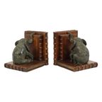 Vintage Koppel Boekensteunen Olifant Gepatineerd Brons Hout Leder thumbnail 12