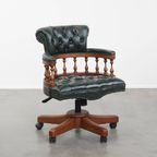 Stijlvolle Functionele Rundleren En Houten Donkergroene Chesterfield Bureaustoel Op Wieltjes thumbnail 2