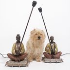 2 Exclusive Table Lamps Chinese Woman And Man On A Pillow Brass thumbnail 2