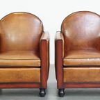 Unieke En Complete Set Van Twee Cognac Kleurige, Schapenleren Art Deco Fauteuils En Bank thumbnail 11