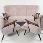 Vintage Fauteuils + Bank | Bankstel Roze Ribstof Nieuw Teak thumbnail 2