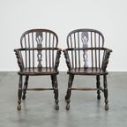 Set Van 2 Prachtige Donkere Antieke Engelse Lowback Windsor Stoelen/eetkamerstoelen thumbnail 2