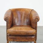 Cognac-kleurige, Karakteristieke Vintage Schapenleren Clubfauteuil Met Een Tijdloos Design thumbnail 2