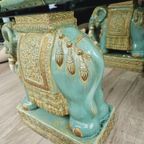 Vintage Design Tafel Olifant (en) Salontafel, Sidetable Olifanten Van Keramiek Zeegroen En Turquoise. thumbnail 15