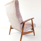 Vintage Fauteuil Roze | Roze Ribstof Nieuw Gestoffeerd Teak thumbnail 8