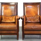 Set Vintage Schapenleren Artdeco Design Fauteuils Met Een Hoge Rug En Afgewerkt Met Hout thumbnail 2