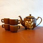 Mid Century Psychedelic Marbled Bruin And White Teapot Set With 4 Small Teacups thumbnail 3