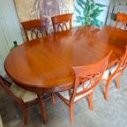 Klassieke Engelse Ronde / Ovale Uitschuifbare Eettafel Met 6st Eetkamerstoelen Kersenhout Afm. 120x120165/210 Cm En 79cm Hoog thumbnail 4