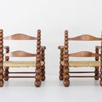 Set Of Oak And Rush Bobbin Armchairs Attributed To Charles Dudouyt, 1940S thumbnail 2