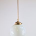 Vintage Art Deco Bol Hanglamp Schoollamp Messing Stang ‘50 thumbnail 2