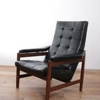 Strakke Vintage Design Fauteuil Zwarte Skai En Teakhout Jaren 60 thumbnail 8