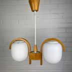 Vintage Deens Design Hanglamp, Wit + Beige, Opaalglas + Teakhout, Reliving thumbnail 2