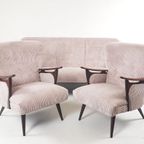 Vintage Fauteuils + Bank | Bankstel Roze Ribstof Nieuw Teak thumbnail 13