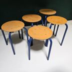 5 Leuke Vintage Retro Houten Schoolkrukjes Hout Blauw thumbnail 2