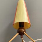 Table Lamp In Yellow And Red Ribbon, Wood Tripod Base 1950S. thumbnail 8