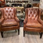 2 X Stoere Industriële Chesterfield Oorfauteuils In Generfd Cognac Vintage Leder Ralph Lauren thumbnail 3