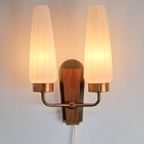 Vintage Wandlamp Deens Teak Hout Messing Melkglas ‘60 thumbnail 4