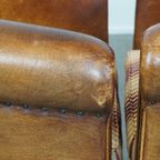 Set Van 2 Cognac-Kleurige, Karaktervolle Vintage Schapenleren Clubfauteuils thumbnail 16