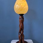 Handgesneden Houten Tafellamp Met Art Deco Stijl Kap thumbnail 2