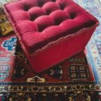 Vintage Boho Fluwelen Gecapitonneerde Poef Met Franjes thumbnail 3