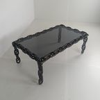 Vintage Brutalistische Zwarte Ijzeren Kettingschakel Salontafel Met Origineel Gerookt Glas, Jaren 70 thumbnail 6