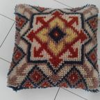 Vintage Geknoopt Wollen Kussen Blauw Oranje Beige thumbnail 2