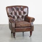 Klassieke En Comfortabele Generfde Cognac Kleurige Rundleren Chesterfield Fauteuil/ Armchair thumbnail 13