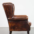 Grote, Zeer Comfortabele Vintage Schapenleren Oorfauteuil Met Een Mooie Diepe Kleurencombinatie thumbnail 4