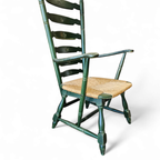 Vintage Transparent Green Wooden Arm Chair / Rush Seat / High Back Ladder Chair thumbnail 11