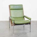 Zeer Comfortabele En Tijdloze Groene Rundleren En Houten Vintage Jaren ’60 Design Fauteuil thumbnail 2