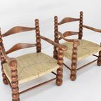Set Of Oak And Rush Bobbin Armchairs Attributed To Charles Dudouyt, 1940S thumbnail 4