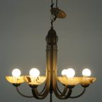 Luxe Antieke Messing Art Deco Kroonluchter Met Albasten Kuipjes Uit Begin 1900 thumbnail 3